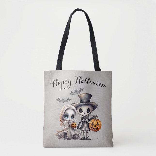 Skrämmande spöddocka och skelett Halloween Tygkasse (Framsida)