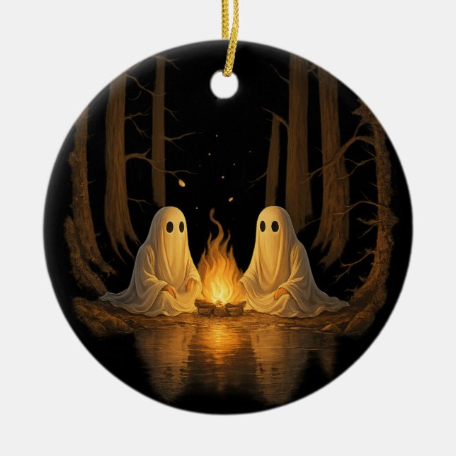 Skrämmande spök lägereld natt skogs konst - Hallow Julgransprydnad Keramik (Framsidan)