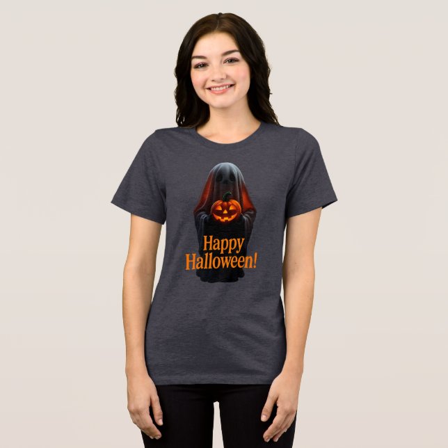 Skrämmande spöke med pumpa – Glad Halloween  T Shirt (Framsida Full)