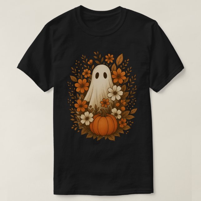Skrämmande spöke omgivet av höstblommor Pumpa T Shirt (Design framsida)
