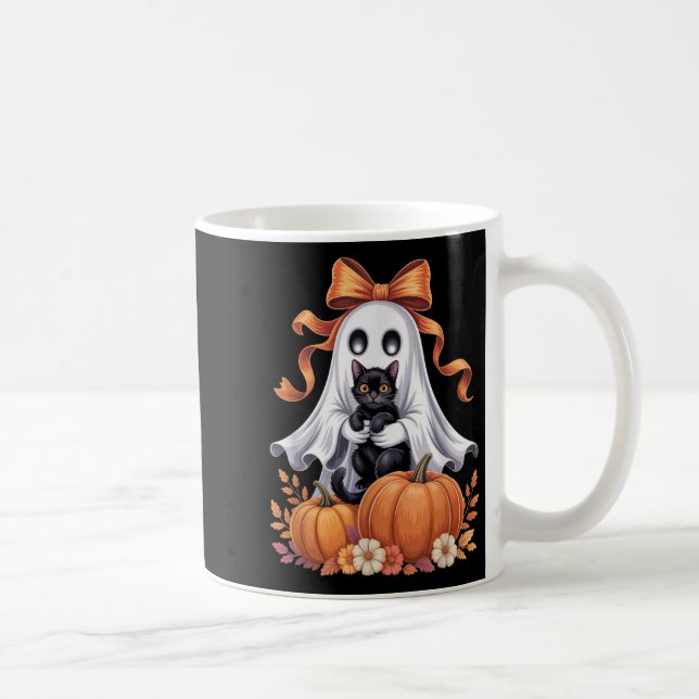 Skrämmande spöke som håller svart katt groovy blom kaffemugg (Höger)