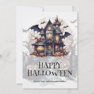 Skrämmande spökhus fladdermöss pumpor Halloween Julkort