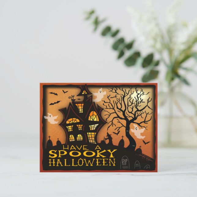 Skrämmande spökhus fladdermöss spöken Halloween Vykort (Stående Fram)