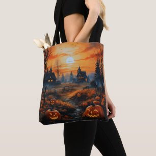 Skrämmande spökhus fullmåne läskig Halloween Tygkasse