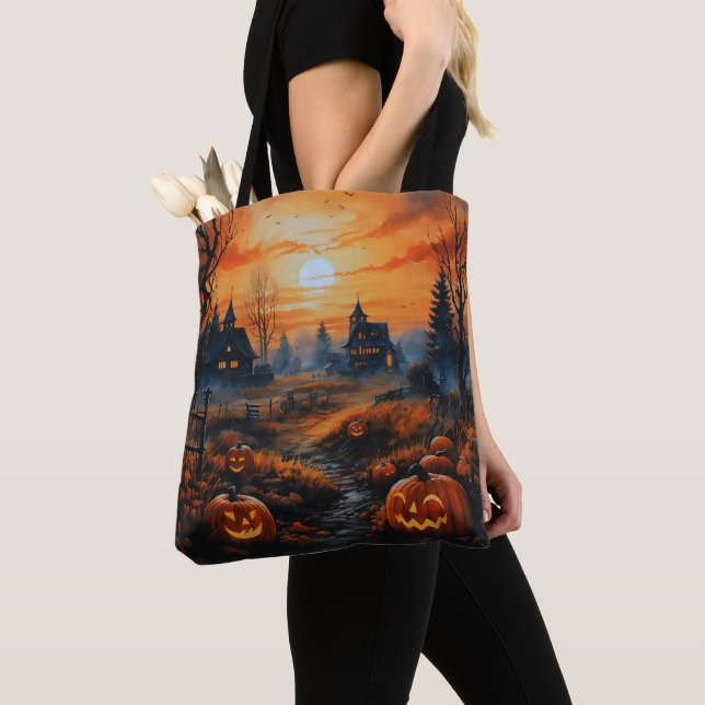 Skrämmande spökhus fullmåne läskig Halloween Tygkasse (Närbild)