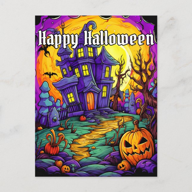 Skrämmande spökhus | Glad Halloween Vykort (Framsida)