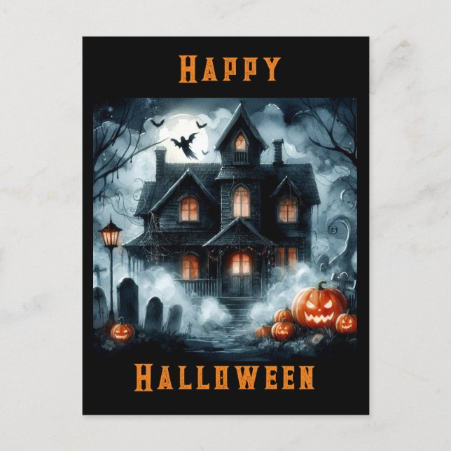 Skrämmande spökhus Halloween AI vykort (Framsida)