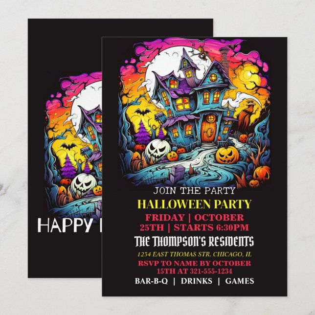 Skrämmande spökhus Halloween-fest inbjudan (Fram/baksida)