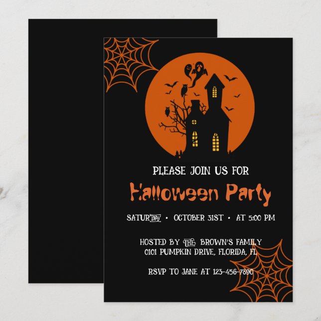 Skrämmande spökhus Halloween-fest inbjudan (Fram/baksida)