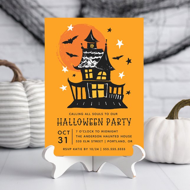 Skrämmande spökhus med fladdermöss Halloween-fest Inbjudningar (Skapare uppladdad)