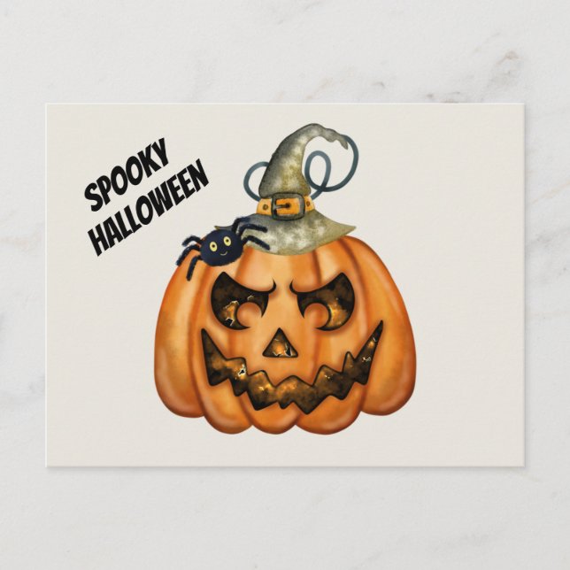 Skrämmande spöklik Halloween-pumpa med spindel Vykort (Framsida)