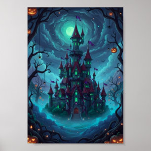 Skrämmande spökslott Halloween-fantasiplanschen Poster