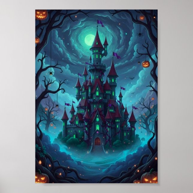 Skrämmande spökslott Halloween-fantasiplanschen Poster (Framsidan)