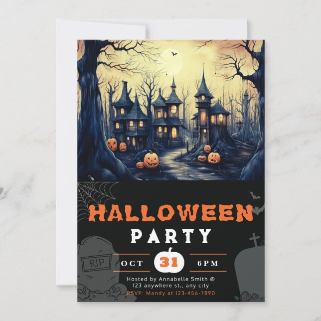 Skrämmande spökstad Hus Pumpa Halloween Inbjudningar (Framsida)