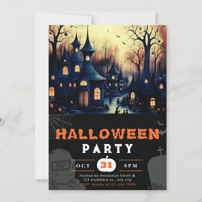 Skrämmande spökstad Hus Pumpa Halloween Inbjudningar (Framsida)