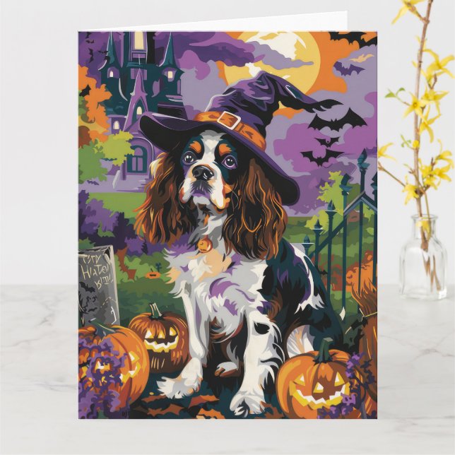 Skrämmande Springer Spaniel Halloween Häxa Pumpa  Kort (Gul blomma)
