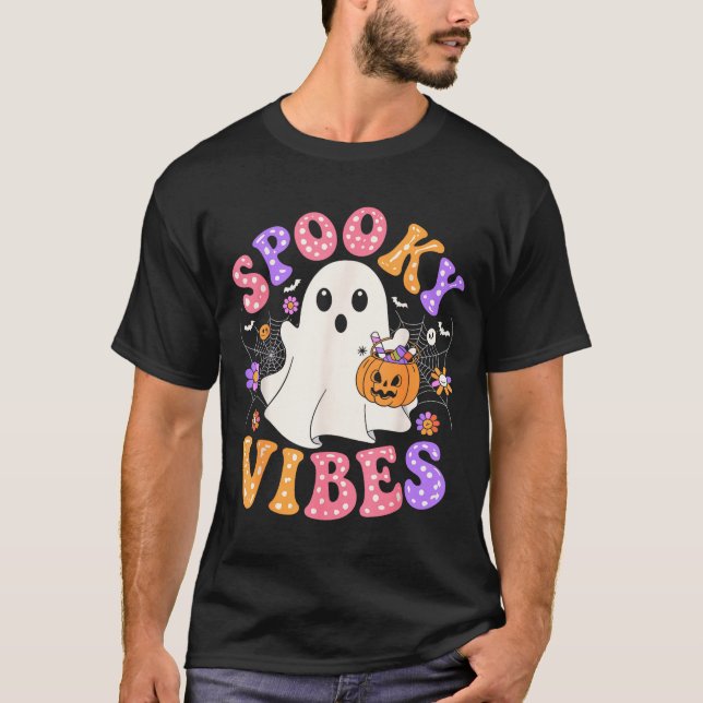 Skrämmande stämning söt spök jack o lykta retro t shirt (Framsida)