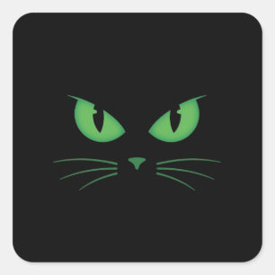 Skrämmande svart katt gröna ögon fyrkantigt klistermärke