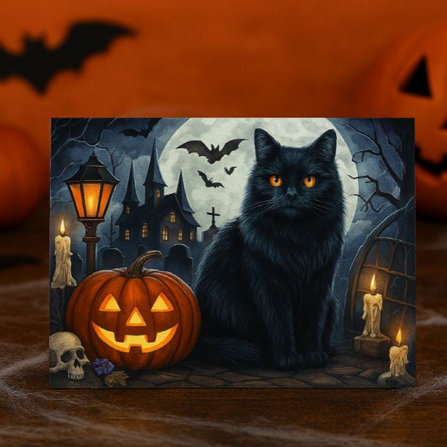Skrämmande svart katt Halloween postkort Vykort (ai mockup created by Susang6)