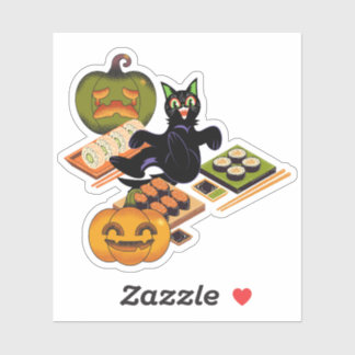 Skrämmande svart katt & Halloween-sushi-fest Klistermärken