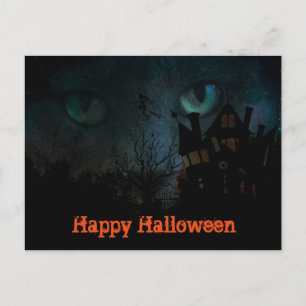 Skrämmande svart katt Halloween vykort