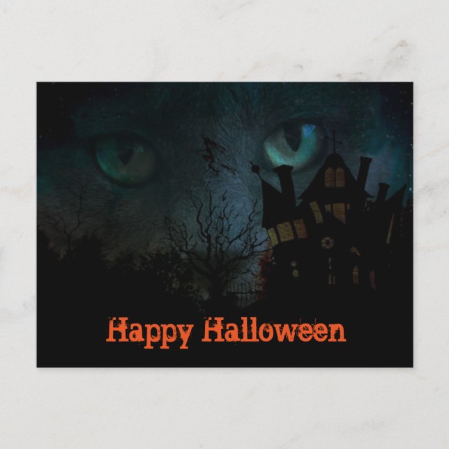 Skrämmande svart katt Halloween vykort (Framsida)