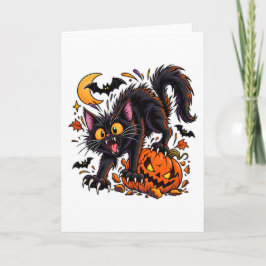 Skrämmande svart katt och pumpa Halloween Kort