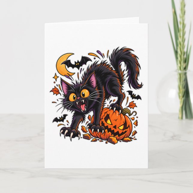 Skrämmande svart katt och pumpa Halloween Kort (Framsida)