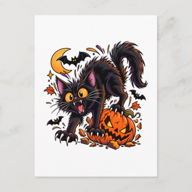 Skrämmande svart katt och pumpa Halloween Vykort (Framsida)
