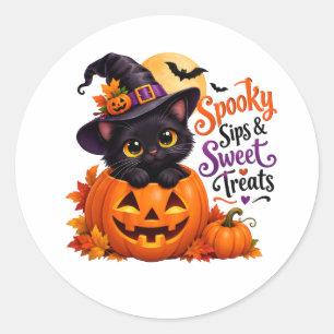 Skrämmande svart katt & pumpa Halloween-dekal Runt Klistermärke