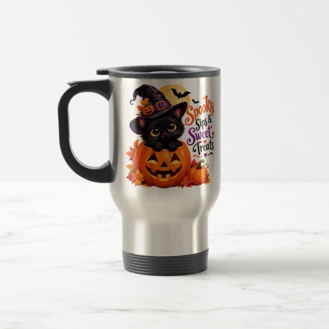 Skrämmande svart katt & pumpa Halloween-mugg Resemugg (Vänster)