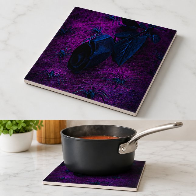 Skrämmande svart materialros, svarta spindlar kakelplatta (Spooky Black Material Rose, Black Spiders Tile)