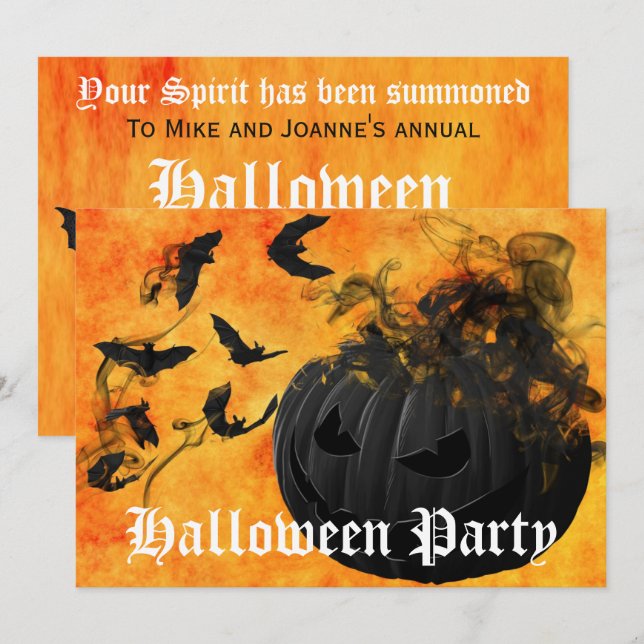 Skrämmande svart pumpa och fladdermöss Halloweenfe Inbjudningar (Fram/baksida)