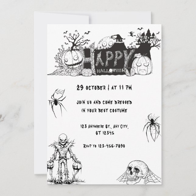 Skrämmande svart-vit glad Halloween-fest Inbjudningar (Framsida)