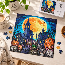 Skrämmande svarta katter i spökby Halloween-natt Pussel