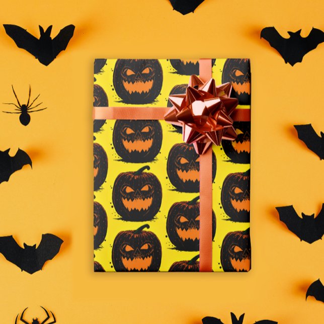 Skrämmande svarta pumpor gula Halloween-mönster   Presentpapper (Skapare uppladdad)