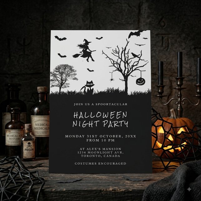 Skrämmande Svartvit Halloweenfest för Häxor Inbjudningar (Skapare uppladdad)