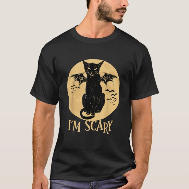 Skrämmande svartvit katt på månljuset t shirt (Framsida)