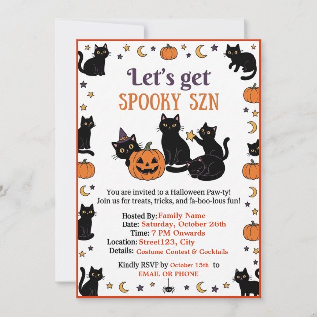 Skrämmande SZN Söt Svart Katt Halloween Inbjudan (Framsida)