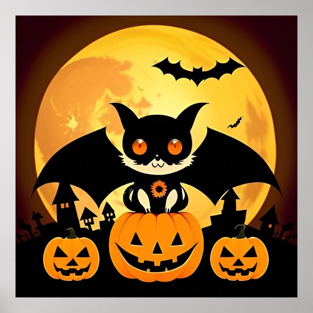 Skrämmande Tecknade Fladdermöss Pumpa Måne Hallowe Poster (Framsidan)