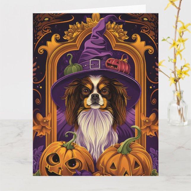 Skrämmande tibetansk spaniel hund Halloween häxa p Kort (Gul blomma)