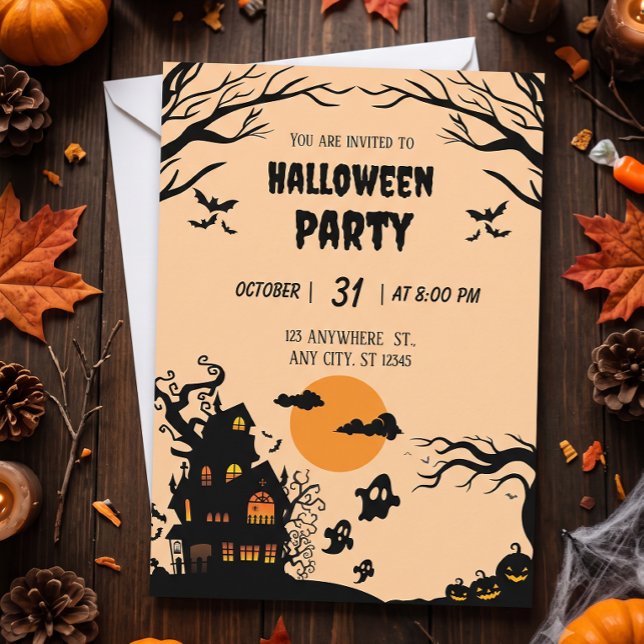 Skrämmande träd & spökhus Halloween-fest Inbjudningar (Skapare uppladdad)