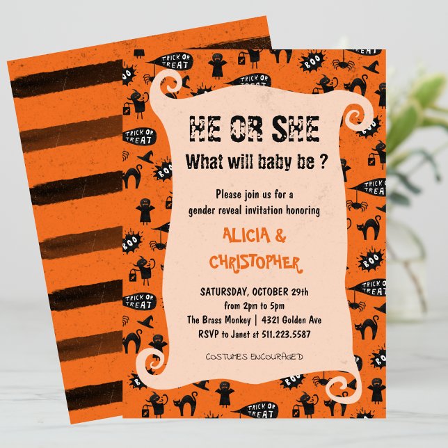 Skrämmande trick och godis Halloween könsbyte avsl Inbjudningar (Halloween-gender-reveal-Invitation-Spooky-trick-and-treat-1)