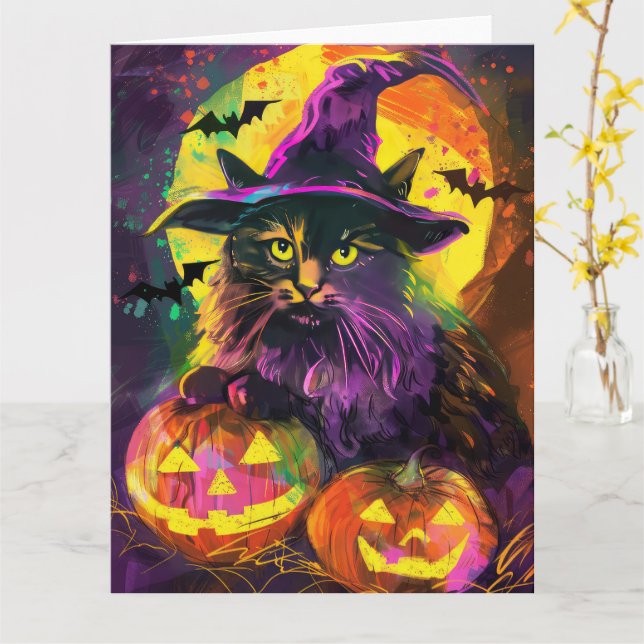 Skrämmande turkisk angorakatt Halloween-häxa Pumpa Kort (Gul blomma)