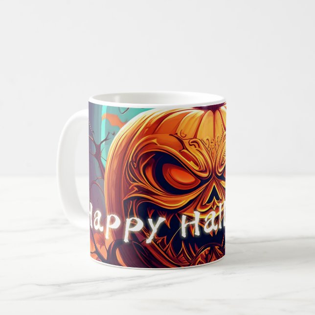 Skrämmande utseende orange pumpa med ansikte, Hall Kaffemugg (Framsida vänster)