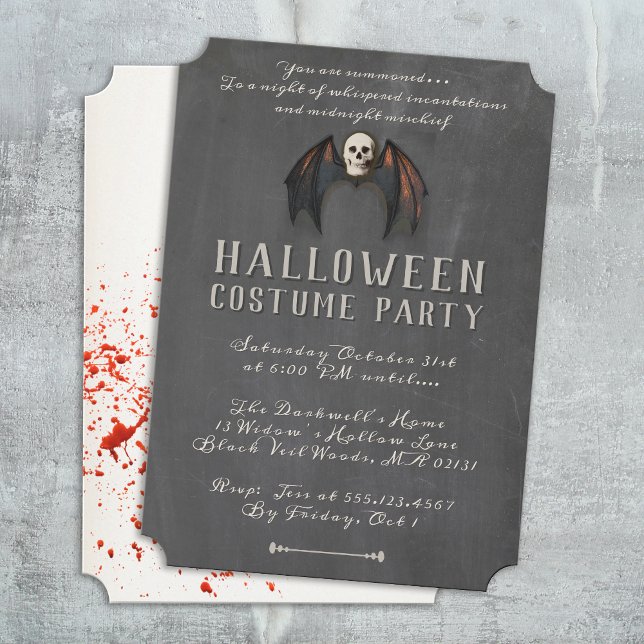 Skrämmande vampyrfladdermusvingar Skalle Halloween Inbjudningar (vintage scary skull with bat weeks halloween invitation )