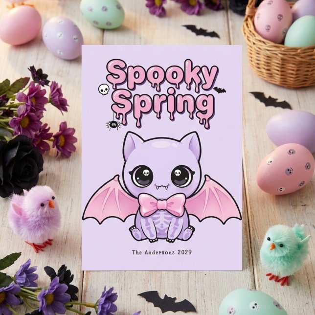 Skrämmande vårpastell gotisk fladdermus lavendel r julkort (Spooky Spring Pastel Goth Bat Lavender Pink Holiday Card)