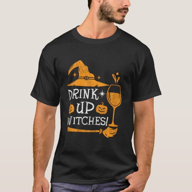 Skrämmande vin drick upp häxor Halloween T Shirt (Framsida)