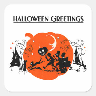 Skrämmande Vintage Art Deco Svart Katt Halloween-u Fyrkantigt Klistermärke