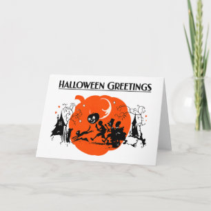 Skrämmande Vintage Art Deco Svart Katt Halloween-u Kort